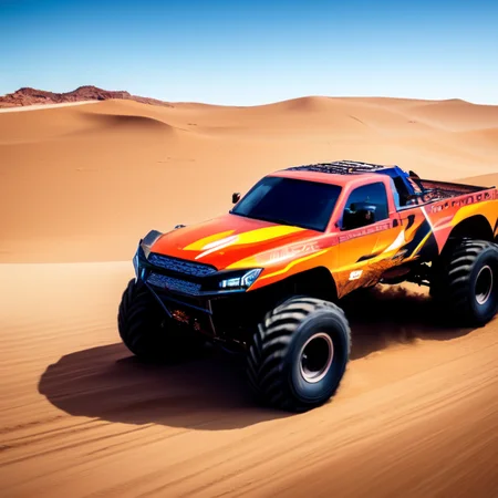 photo (truckplans:1) a large monster truck driving through a desert area <lora:djzTruckPlans_LoraBooth:1>