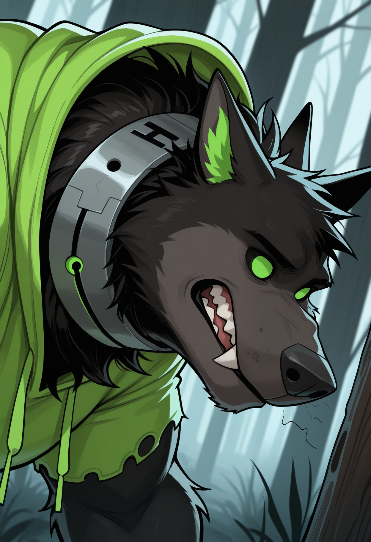 masterpiece,best quality,amazing quality, 1boy, solo, wu1f, colored sclera, no pupils, furry, torn green hoodie, metal collar, close up, side angle, woods,