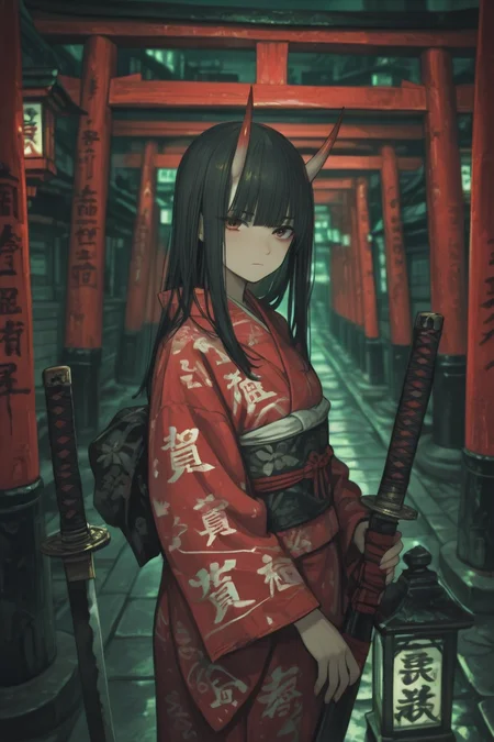<lora:LCMV2-PONYplus-PAseer:1>
 <lora:Nightmare_Katana_IL:0.8>
(off center:1.3), (green theme:1.4), 
1girl, bangs, black hair, blunt bangs, building, closed mouth, holding, holding sheath, holding weapon, japanese clothes, katana, kimono, lantern, long hair, long sleeves, looking at viewer, multiple swords, multiple torii, neon lights, night, obi, oni, outdoors, planted, planted sword, red kimono, red sky, red theme, sash, sheath, sheathed, solo, stairs, standing, sword, torii, weapon, wide sleeves