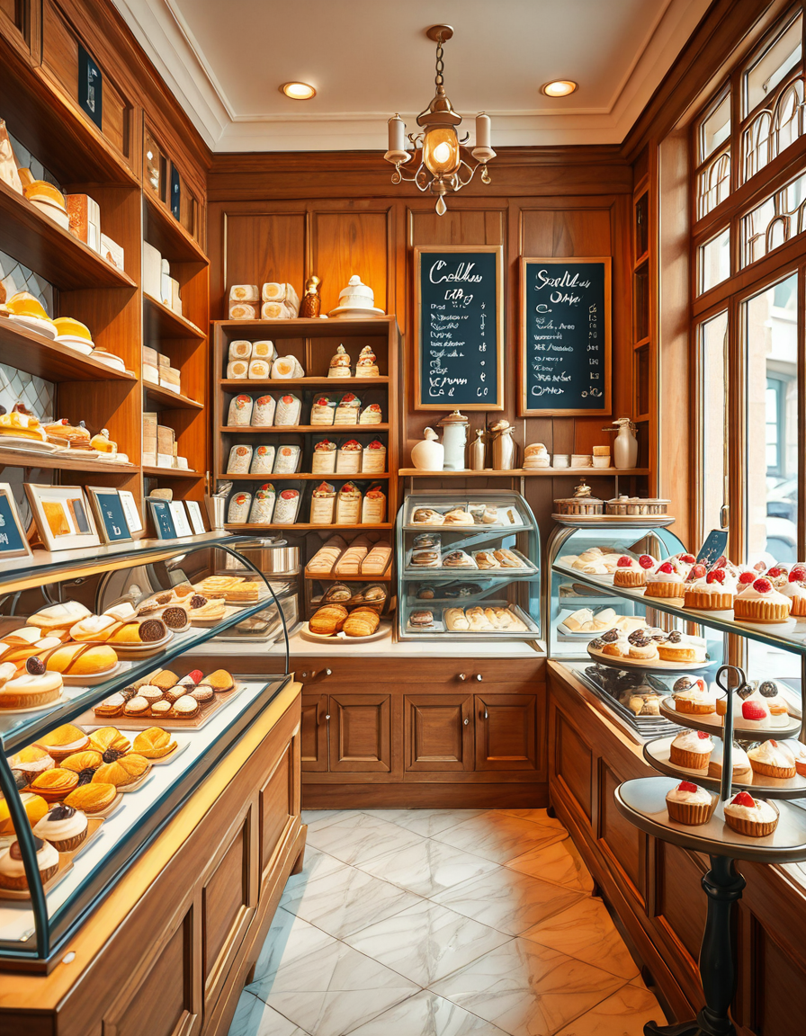 A beautifully designed, elegant pastry shop with a luxurious European-inspired aesthetic. The interior features intricate moldings, high ceilings, and large arched windows that allow natural daylight to stream in, casting a soft glow over the polished marble floors. The walls are adorned with pastel-colored wallpaper, delicate gold accents, and vintage-style framed paintings of pastries and tea sets.
The centerpiece of the shop is a long glass display case filled with an exquisite assortment of pastries, including colorful macarons, delicate éclairs, fruit tarts with glistening glaze, and elegantly decorated cakes with intricate sugar flowers. Behind the counter, shelves lined with neatly arranged boxes of artisanal chocolates, fine teas, and jars of homemade jam add to the refined atmosphere. Crystal chandeliers hang from the ceiling, casting a warm golden light that reflects off the glass surfaces.
Small round tables with marble tops and wrought iron chairs are arranged neatly throughout the space, each set with fine porcelain teacups and decorative napkins. A large antique-style clock hangs on the wall above a wooden shelving unit filled with fresh baguettes and croissants resting in woven baskets. The air is filled with the inviting scent of fresh-baked pastries, vanilla, and rich espresso.
In the background, a grand espresso machine with polished brass fittings sits atop a marble counter, next to a beautifully arranged tiered cake stand displaying freshly made confections. A large, arched doorway with a carved wooden frame leads to a cozy back room with additional seating and a vintage-style menu board showcasing the shop's specialties written in elegant calligraphy. The entire setting evokes a sense of refinement, charm, and indulgence, with a warm and welcoming ambiance.
<lora:SDXLFaeTastic2400:0.4> <lora:extremely_detailed:0.4> extremely detailed, <lora:elegant_p4stry_sh0p_illus:1>,elegant p4stry sh0p, Masterpiece,best quality,hi res,8k,hi res,8k,award winning,(sharp focus, intricate, highly detailed),