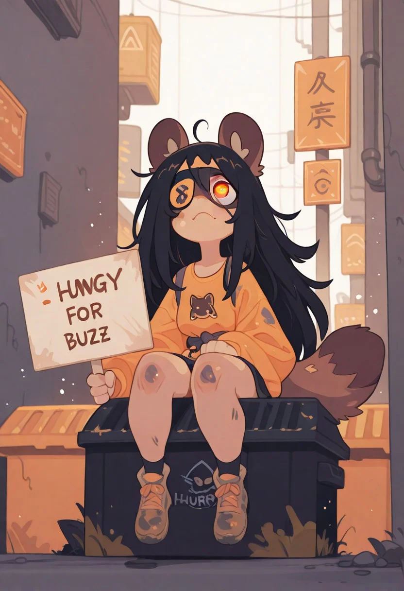 Woman. Demihuman raccoon. Black messy long hair. Amber eyes. Eyepatch over left eye. Raccoon ears and tail. Dirty. Alleway background. Sitting in a dumpster. Old clothes. Alley background. (holding sign saying "Hungry for BUZZ")