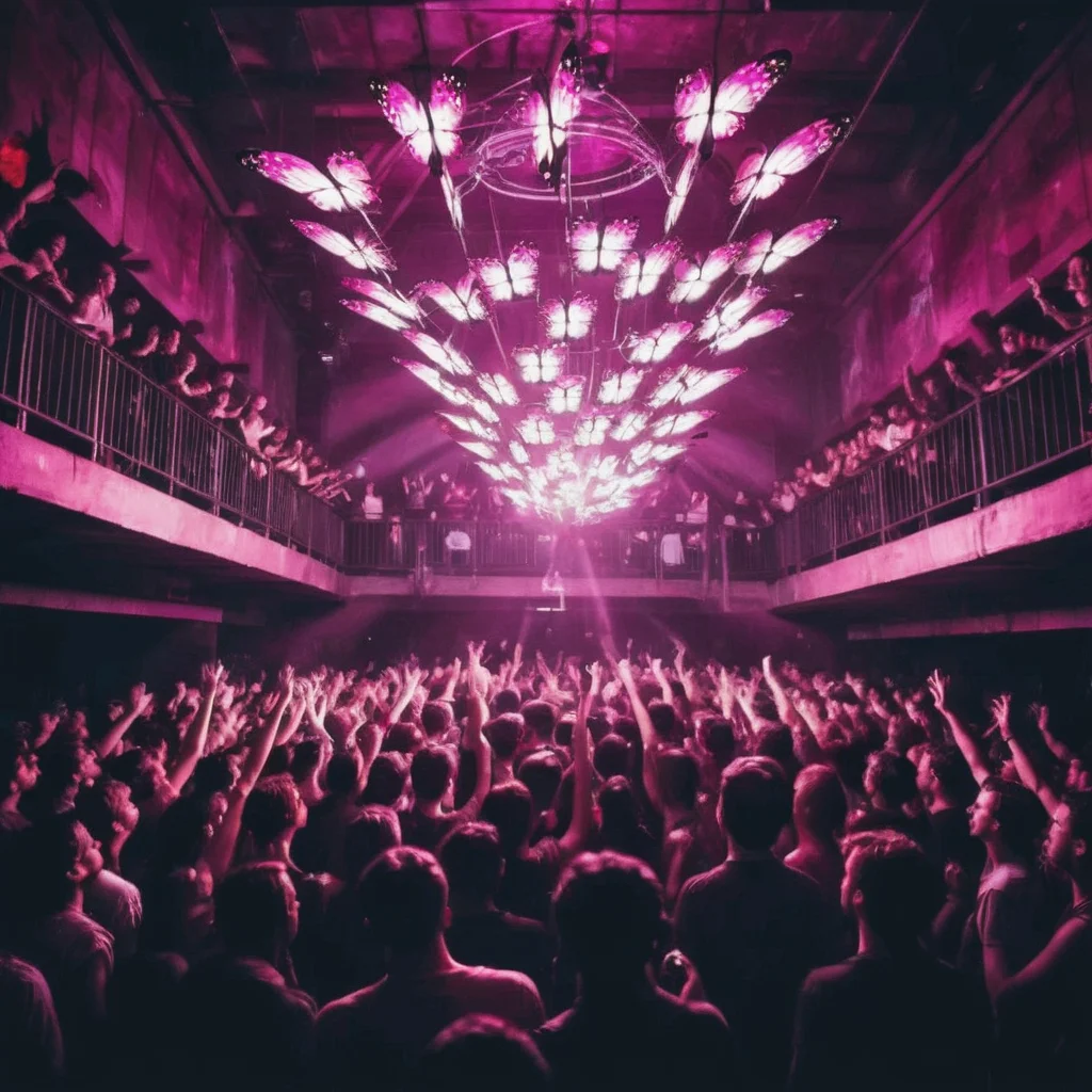 <lora:20240704-1720095833344:0.6>,underground club,psychedelic lights,a lot of boys,a lot of girls,railing,contrast,hands up cheering crowd,huge butterfly shaped chandelier,