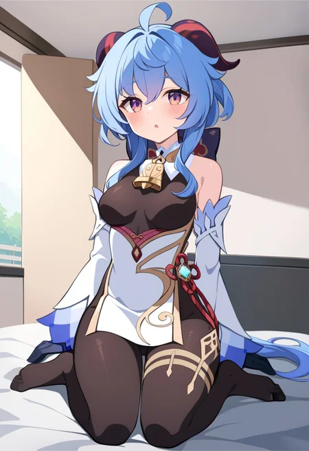 solo, ganyu \(genshin impact\), blue_hair, long_hair, detached_sleeves, bell, horns, gloves, bare_shoulders, bangs, gold_trim, purple_eyes, white_sleeves, ahoge, thighlet, black_gloves, neck_bell, medium_breasts, thighlet, black pantyhose, front view, cowboy shot, masterpiece, best quality, :o, looking aside, wariza, luxury hotel room, indoors, score_9, score_8_up, score_7_up,source_anime,