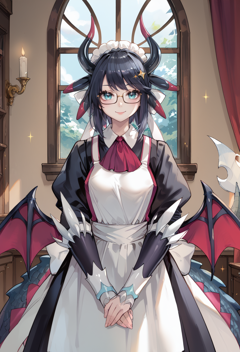 (score_9:0.9),score_8_up,score_7_up,rating_safe,anime style,(zPDXL),<lora:House Dragonmaid ponyXL v1:0.77>,house dragonmaid,1girl,curtains,glasses,maid dress,solo,window,maid headdress,looking at viewer,red ascot,dragon wings,indoors,smile,own hands together,sparkle,standing,silver fingerless gloves,mob cap,