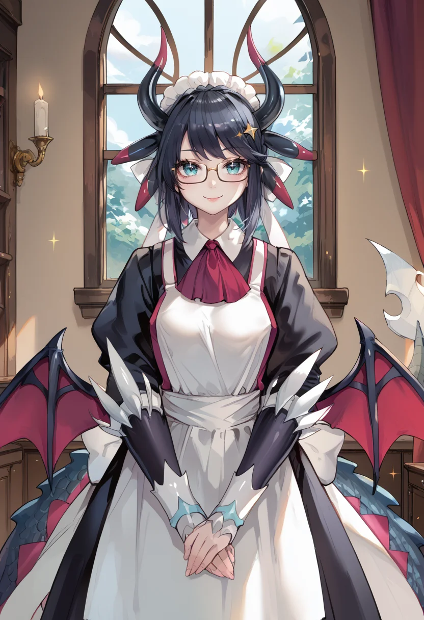 (score_9:0.9),score_8_up,score_7_up,rating_safe,anime style,(zPDXL),<lora:House Dragonmaid ponyXL v1:0.77>,house dragonmaid,1girl,curtains,glasses,maid dress,solo,window,maid headdress,looking at viewer,red ascot,dragon wings,indoors,smile,own hands together,sparkle,standing,silver fingerless gloves,mob cap,