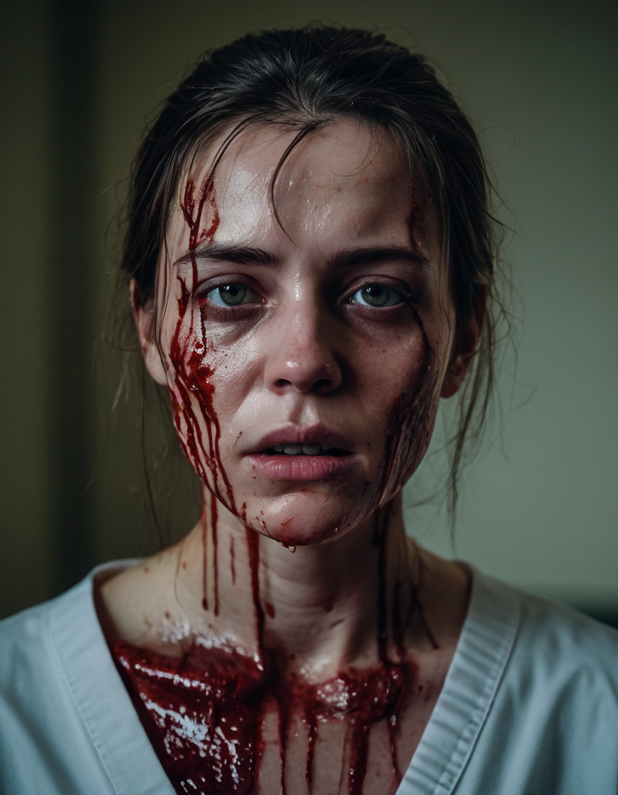 A portrait capturing a (disturbing transformation:1.3), (blood-soaked skin:1.2), intense (gaze of despair:1.1), (grim hospital backdrop:1.1), stark (lighting contrast:1.1), claustrophobic atmosphere, high-detail texture, visceral impact, Nikon Z 7II, 1/125s, f/2.8, ISO 640, psychological thriller vibes, color grading to enhance mood, RAW capture.
