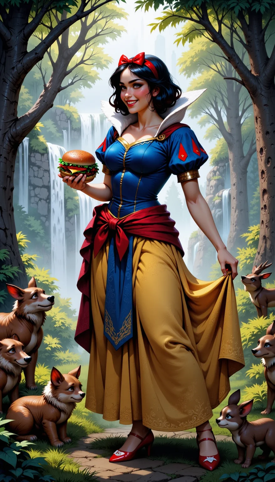 realistic style, A high iPhone snapshot photo of sexy Snow White as a warrior princess from the Disney movie Snow White and the Seven Dwarfs. She stands in a forest filled with animals with tall trees and a waterfall in the background. Snow White is wearing a blue and gold outfit with a red bow on her head and a white collar. she has big breasts, She has black hair styled in loose curls and is holding a big hamburger in her right hand. Her left hand rests on her hip and she looks to the side, smiling and happy. The overall atmosphere is magical and whimsical. mythp0rt<lora:FluxMythP0rtr4itStyle.safetensors:1.0:1.0> <lora:MysticXXX-V3.safetensors:0.8:0.8>