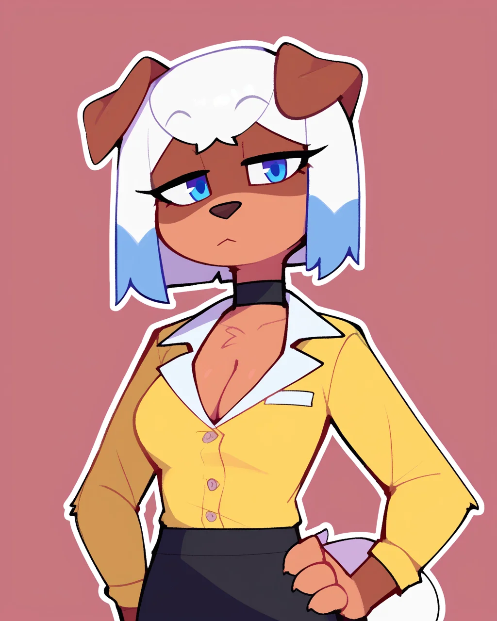 score_9_up, score_8_up, score_7_up, score_6_up, by remanedur, half-length portrait, white hair, short hair, multicolored hair, medium breasts, furry female, blue eyes, female, furry, dog, floppy ears, looking at viewer, yellow dress shirt, cleavage, black choker, black skirt, black boots, white tail, brown body, solo, pantyhose, hand on hip, office lady, office clothing, neutral expression, three-quarter view, head tilt, simple background, white outline, <lora:Leah_Pines(AIM)_XL_v1:0.15> <lora:PDXL_artist_tags_v2_big:0.5> <lora:The-Minuscule-Task_PDXL_v1.0:0.6> <lora:Peppy_BearArms6:0.55>