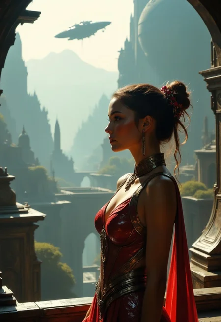 UHD, action movie still, photograph, full-body portrait side profile of attractive princess of the known universe wearing ornate futuristic dress on the top floor balcony of futuristic palace watching a spaceship approaching over an alien habitat, strange color pallet, cinematic realism, high action pose, perfect pupils, insanely detailed faces, correct digits, realistic skin, intricately detailed filthy place, film grain, HD, 8k, volumetric lighting, clear -dark, smoky, dimly lit, hair backlight, ear backlight, volumetric lighting, perfect eyes, perfect pupils, expressive eyes
