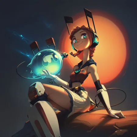 score_9, score_8_up, score_7_up, score_5_up, 28y old girl, pale skin, tall girl, long (((thick))) neck, long legs, (sitting), astronaut engineer, gradient brass to copper, heavy visor robot eye on one eye, two eyes, oversize long thick darkcopper skirt, ((engineer gloves)), taped long skirt above legs, heavy utility tools belts hanging, champion belt with huge buckle with many toolboxes, oversize hoodie on back, red thick rubber oversize hood on the back top, open helmet, covered ears, light plate space armor, heavy backpack, covered neck with radio, microphone from headset to mouth, thick black wires around, ((oversize)) thick glass bubble helmet transparent, mecha long winglike antennas above helmet, square oversize glasses, white rubber heavy sneakers, white long socks, translucent slime boy, (((black thick and long wire tail))), beautiful eyes, (((detailed eyes, detailed face))), (smug), (((long)) (tape) (striped) hairstyle with this single ((large)) (((very long))) taaped braid, soft shading, 8k, masterpiece, face and waist close-up shot, dark space background,