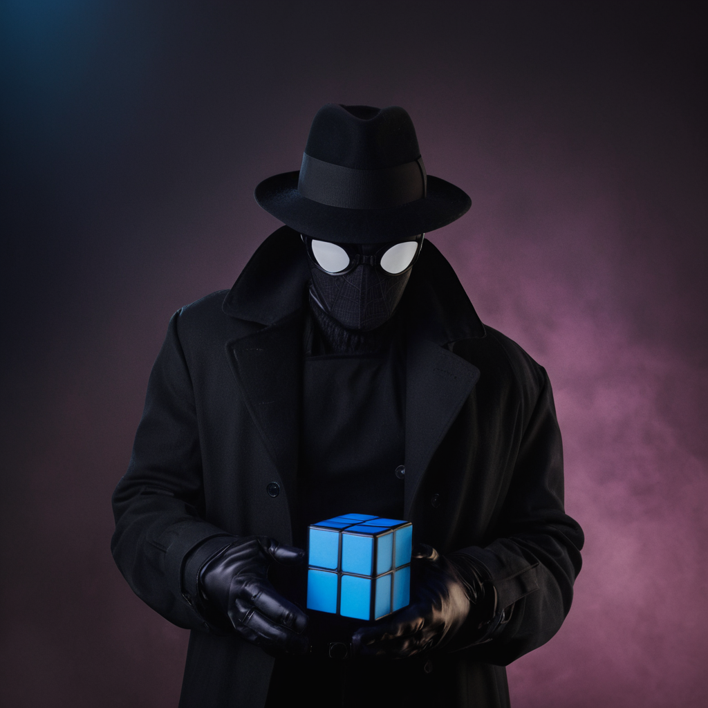 cinematic film still of  <lora:Spider-Man Noir:1>
Spider-Man Noir a man in a black coat holding a blue cube in Marvel Noir universe,solo,simple background,shirt,gloves,long sleeves,1boy,hat,holding,male focus,open clothes,glasses,belt,pants,coat,black shirt,black headwear,mask,black pants,pink background,clenched hand,black coat,high collar,fedora,trench coat , dark theme, cinematic noir, dramatic Light, shallow depth of field, vignette, highly detailed, high budget, bokeh, cinemascope, moody, epic, gorgeous, film grain, grainy