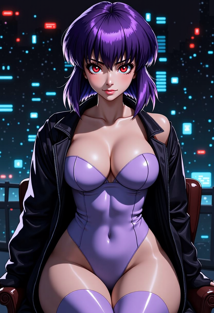 RAW, 8k, very sharp, ((woman looking at viewer)), (smug, smirk:0.3), (stylish hair, beautiful, (evil grin:0.7), Japanese face, japanese body, 1girl, kusanagi motoko, large breasts, fingerless gloves, light purple strapless leotard, light purple thighhighs, black jacket, looking at viewer, Basic Instinct Pose, B4sic1nstinctP0se, basic_instinct_(movie), 1woman, sitting, on_chair, looking at viewer, facing viewer, night, landscape with cyberpunk city, red eyes
