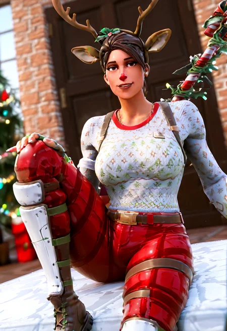 IllustriousQual <lora:StS-Illustrious-Detail-Slider-v1.0:2> <lora:cfg_scale_boost:0.3> detailed_background, weapon shop <lora:Red-Nosed_Raider_IL_-_v1:1> RedNosedRaiderIL, brown hair, brown eyes, antlers, reindeer ears, reindeer-themed, holiday outfit, headband, mistletoe, brown gloves, fingerless gloves, combat boots, white sweater, red pants, christmas sweater, patchwork pants, brown boots, belt, shin guards, Sitting with one leg folded, dutch angle, admiration