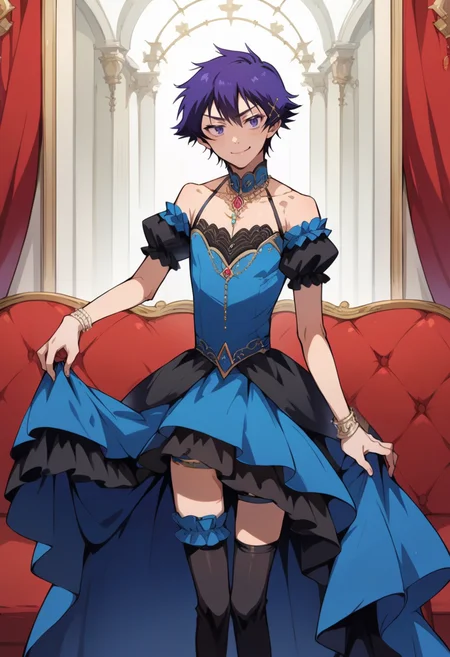 score_9, score_8_up, source_anime, male, crossdressing, <lora:wrenchelegadomepnyxlb2-000005:0.8>,wrenchelegadome, ball gown, layered clothing, thigh highs, thigh strap, jewelry,  <lora:ichijou_raku_1:1.0> Ichijou Raku, smug,
