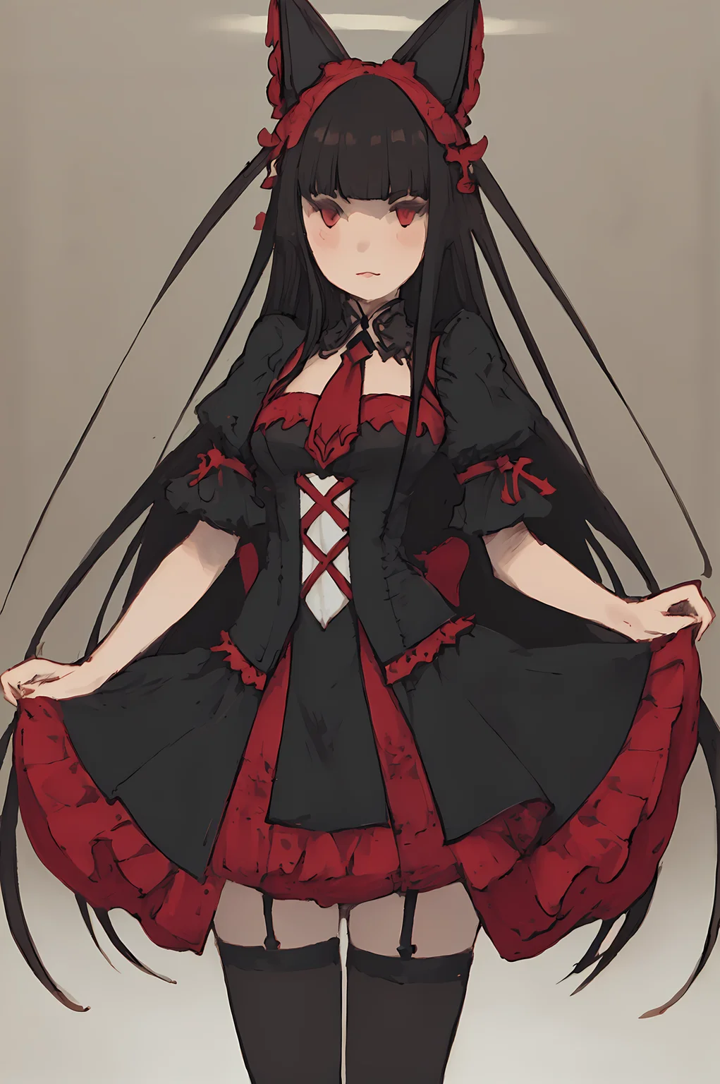 score_9, score_8, score_7, solo, 1girl, rory mercury, long hair, black hair, red eyes, bangs, blunt bangs, hime cut, thighhighs, bow, ribbon, hair ribbon, garter straps, dress, black dress, puffy sleeves, frills, detached sleeves, necktie, red necktie, lipstick, purple lipstick, (Bravely Default Style), (red eyes:1.5), <lora:pony\char\anime\rory-mercury-s1s2-ponyxl-lora-nochekaiser.safetensors>, <lora:styles\Akihiko_Yoshida_Chibi_clip_skip-000017.safetensors>, <lora:styles\BravelyDefault.safetensors>, <checkpoint:[Pony] prefectPonyXL_v10.safetensors>, <checkpoint:[SD15] Anime_Sketchink.safetensors>
