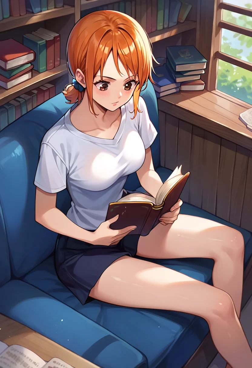 score_9, score_8_up, score_7_up, score_6_up, score_5_up, score_4_up, namiskypiea, book, reading, sitting, orange hair, brown eyes, <lora:NamiSkypiea_v3_1:1>