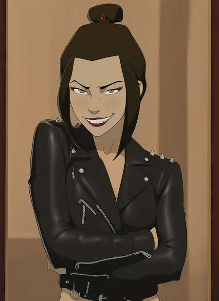 masterpiece, best quality, newest, absurdres, highres, 1girl, azula, brown eyes, brown hair, ponytail, red lips, smug, grin, teeth, black leather jacket, night club, detailed, <lora:Anaxus-style-Illustrous:1.0>