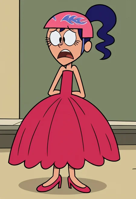 ponytail, blue hair, helmet, parody, pink, dress, red, sleeveless back gown, hoopdress, Ba11g0wn, full body, poofy dress