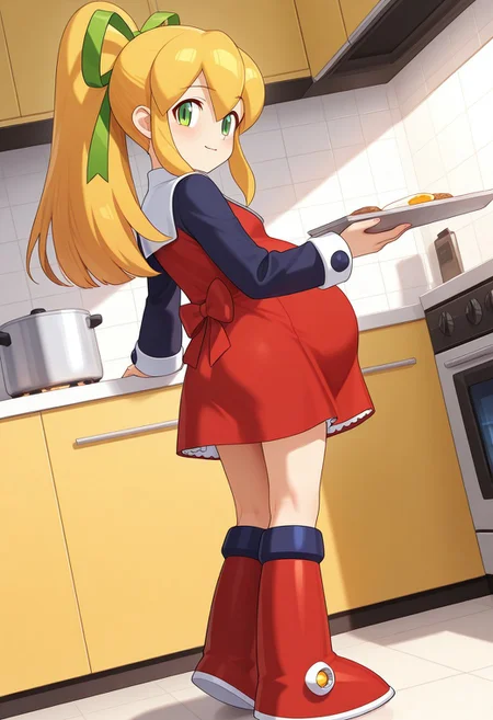 newest, masterpiece, best quality, 4k,
kitchen, very aesthetic, detailed background, full body,
1girl, solo, <lora:Roll - Megaman:1> r0ll, roll (mega man),long hair, blonde hair, hair ribbon, ponytail, sidelocks, green eyes, red dress, knee boots, long sleeves, kitchen, holding a tray with some breakfast, from behind, looking back, looking at viewer, light smile, light blush, morning, dutch_angle, in front of the stove/oven, pregnant, pregao,
