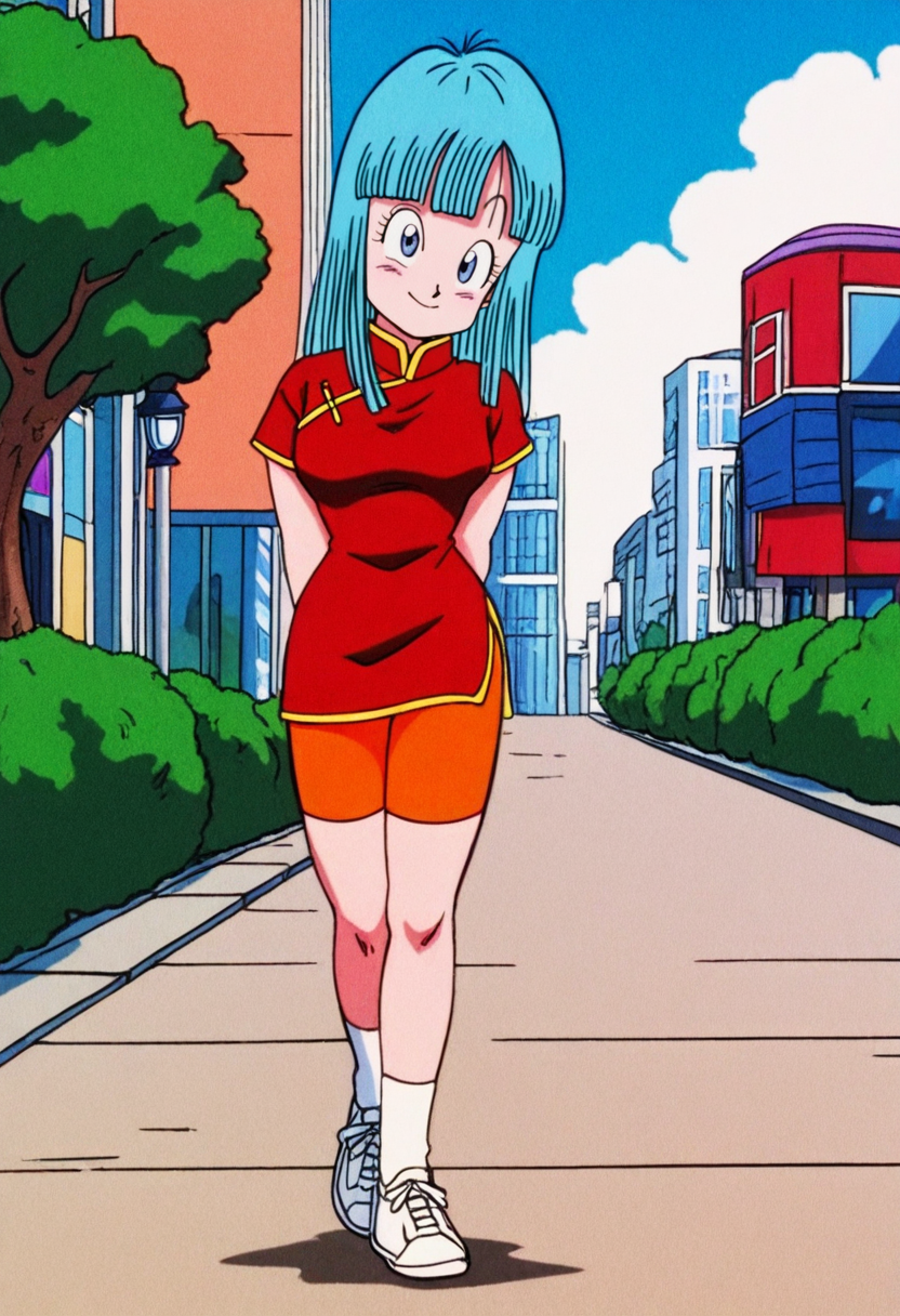 masterpiece,best quality, amazing quality, very aesthetic,absurdres,leold style,maron, 1girl, solo, aqua hair, blue eyes, blunt bangs, city, sidewalk, full body, tree, blue sky, walking, red china dress, orange bike shorts, white socks, white sneakers, smile,closed mouth, side slit, city,cloud,anime screencap,arms behind back,looking at viewer,(v arms:0.6), head tilt,yellow trim        <lora:MaronIllus:1>