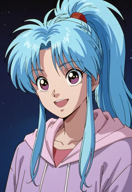 score_9, score_8_up, score_7_up, source_anime, botan (yu yu hakusho), long hair, blue hair, purple eyes, 1girl, solo, open mouth, ponytail,  smile, hood, hoodie