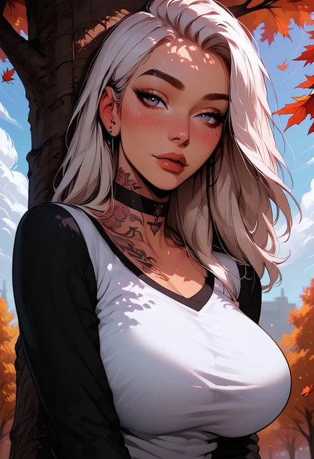 Score_9, Score8_up, Score_7_up, (((High Resolution, Best Quality))), 
1girl, solo, toned arms, Covered in Tattoos, neck tattoos, 
white shirt, long black sleeves, tight shirt, large breasts, choker, 
seducing, seductive, flirty, tender, loving, playful, looking at viewer, shy body language, 
Leaning against tree, 
Outside, park, autumn, leaves blowing in the wind, Cloudy Sky,