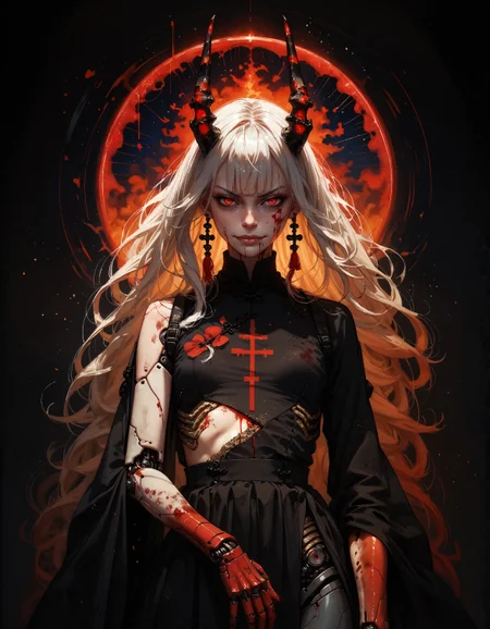 score_9, score_8_up, score_7_up, score_6_up, score_5_up, score_4_up, (kanji, chinese characters:1.2), demon, cyberdemon, black horns, black scales, fiery glow, embedding:zPDXL, 1girl, (evil smirk:1.2), solo, small breasts, very long hair, bangs, simple background, white hair, red eyes, black cloth, bloody eyes, closed mouth, weapon, black, evil, horror, (blood:1.1), blunt bangs, medium hair, floating hair, black background, science fiction, android, cable, mechanical, cyborg, robot joints, mechanical parts, tube, spine