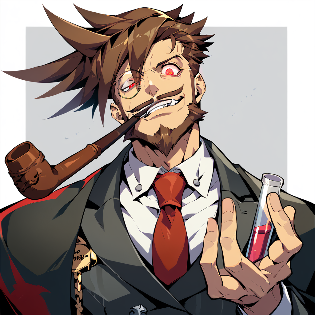 1boy, male focus, Slayer, guilty gear, score_9, score_8_up, score_7_up, score_6_up,  <lora:Slayer_from_Guilty_Gear:1>, solo, brown hair, smoking pipe, monocle, facial hair, mature male, vampire, smirk, tie, looking at viewer, toned, athletic, fit, fang, pipe, short hair, slicked to the side hair, mustache, male focus, best quality, amazing quality, best aesthetic, absurdres, smirk, evil smile, red eyes, glowing eyes, cocky, haughty, defiant, <lora:aesthetic_anime_v1s:0.4>, <lora:xl_more_art-full_v1:0.5> <lora:EpicF4nta5yXL:0.5>, (Holding a sinister-looking vial), (casual suit),