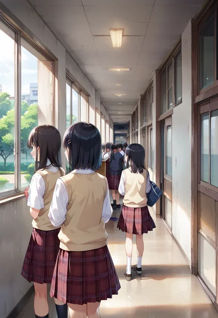 score_9, score_8_up, score_7_up, rating_safe, masterpiece, best quality, absurdres, unity 8k wallpaper, official art, official style, source_anime, uncensored, game cg, megami magazine,
rouka, school, multiple girls, school uniform, skirt, window, hallway, indoors, black hair, 2girls, scenery, from behind, multiple boys, tree, vest, plaid, sunlight, sweater vest, plaid skirt, 3girls,  
 <lora:gakkou_rouka_PONY_V2:1>