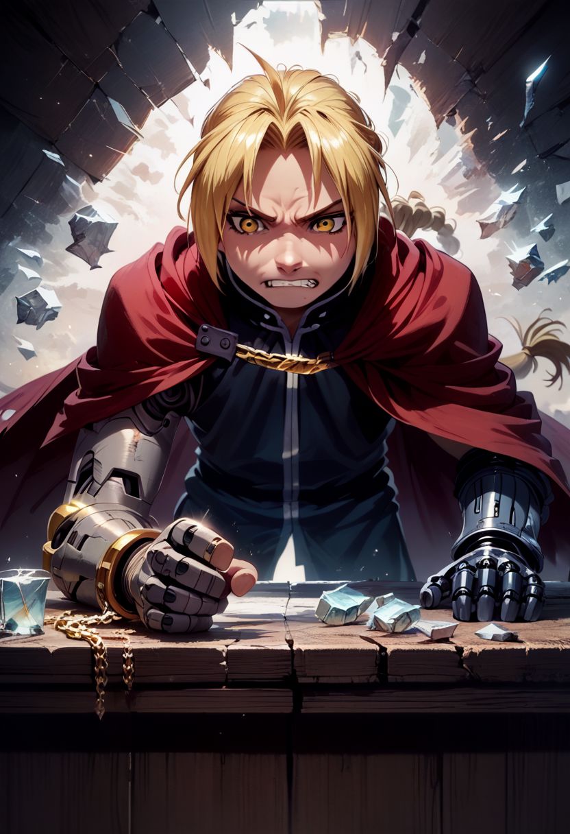 score_9, score_8, score_7, score_6,rating_safe, source_anime,edward_elric, blonde hair, yellow eyes, braid, single braid, braided ponytail, ((red cape)),(single mechanical arm),grit teeth,leaning forward,one hand on Sand table,(glass pieces,glass fragments ,glass fragment),speed line,motion blur,emphasis lines,(ashes,powder:1.2),(perspective,front view,wide angle:1.2),(intricate_details_xl:1.5),(narrow room),IncrsXLBrknGls,(broken glass,detailed reflection,light particles:1.5),(gold chains:1.8),concept art, digital art, realistic,Sand table,