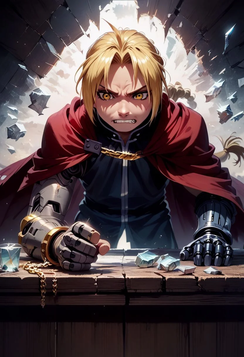 score_9, score_8, score_7, score_6,rating_safe, source_anime,edward_elric, blonde hair, yellow eyes, braid, single braid, braided ponytail, ((red cape)),(single mechanical arm),grit teeth,leaning forward,one hand on Sand table,(glass pieces,glass fragments ,glass fragment),speed line,motion blur,emphasis lines,(ashes,powder:1.2),(perspective,front view,wide angle:1.2),(intricate_details_xl:1.5),(narrow room),IncrsXLBrknGls,(broken glass,detailed reflection,light particles:1.5),(gold chains:1.8),concept art, digital art, realistic,Sand table,