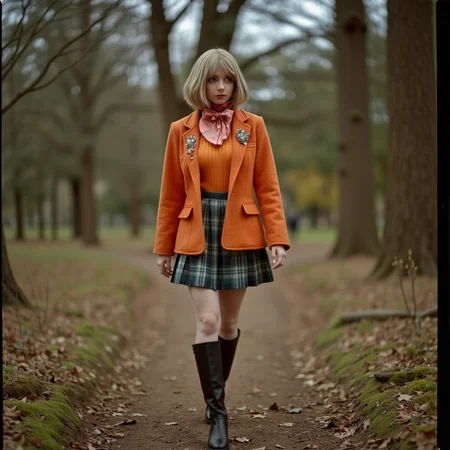 Faded Polaroid Photo, analog film photo <lora:AshleyR4:0.8> aslx, costume, aslx, a woman wearing an ashley graham costume with orange jacket, plaid skirt, black boots, blond hair styled in a bob, she's in a forest, walking slowly, ultra detailed, ultra realistic, ultra quality, cinematic, cinematic lighting, ultra detailed . faded film, desaturated, 35mm photo, grainy, vignette, vintage, Kodachrome, Lomography, stained, highly detailed, found footage, analog, old faded photo, old polaroid, RAW candid cinema, 16mm, color graded portra 400 film, remarkable color, ultra realistic, textured skin, remarkable detailed pupils, realistic dull skin noise, visible skin detail, skin fuzz, dry skin, shot with cinematic camera
