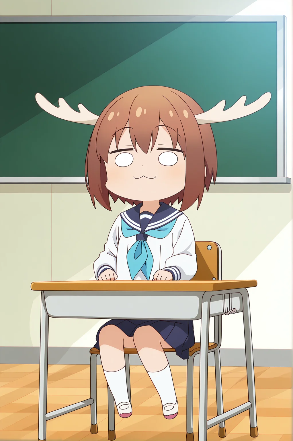 detailed background, official style,anime coloring, (anime screencap) masterpiece, detailed face,1girl <lora:Noko_Shikanoko (1):0.8>chibi_shikanoko, school uniform, solo, brown hair, classroom, school desk, :3, desk, antlers, sitting, serafuku, skirt, indoors, chalkboard, chair, chibi, sailor collar, long sleeves, school chair, short hair, blue neckerchief, white shirt