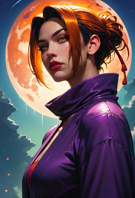 <lora:g0th1cPXL:0.5>g0th1c<lora:TradingCardsPonyXL:0.65>dsktrdcardxl,score_9, score_8_up, score_7_up, score_6_up, solo, source_comic, comic book art, fantasy art, Lenticular, dark and dim, Low Angle, (side view perspective), a woman, (ninja:1.1) woman, with neon ,amber hair, deep ultraviolet ,gold eyes, detailed eyes, with a high collar cyber (Samurai:1.1) jacket, Large linen cape ,super detailed, background is orange , surrounded by a detailed spacescape with translucent dark-amber Highlights, stunning lighting, detailed, highly vibrant, detailed, masterpiece, highly detailed, high quality, score_5_up, score_4_up,