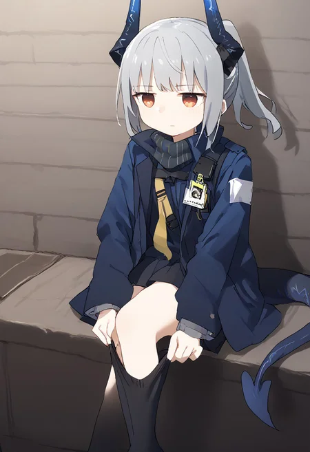 score_9, score_8_up, score_7_up, 1girl, solo,
liskarm, tail, horns, grey hair, ponytail, bangs, sidelocks, blue jacket, skirt, black shirt, thighhighs, scarf, id card, easynegative dressing socks, adjusting legwear