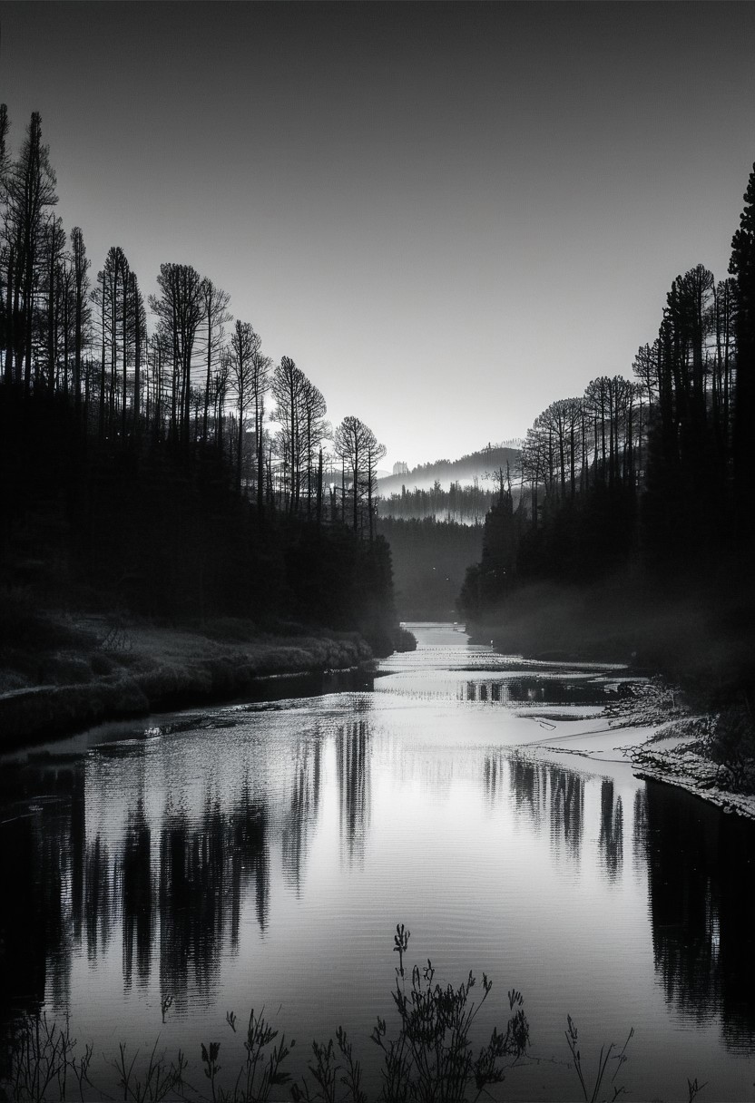 (real life,  score_7_up, score_8_up, score_9_up, detailed beautiful landscape, bloom, volumetric lighting,  grayscale, no colors, forest, winter, valley, big mountain, clear sky, focus on sky, night, silhouette, river, depth of field,