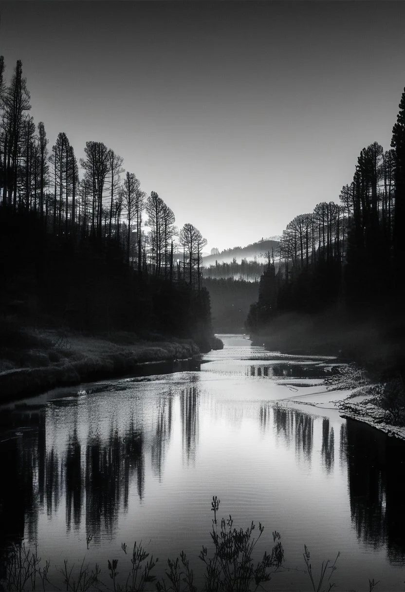 (real life,  score_7_up, score_8_up, score_9_up, detailed beautiful landscape, bloom, volumetric lighting,  grayscale, no colors, forest, winter, valley, big mountain, clear sky, focus on sky, night, silhouette, river, depth of field,