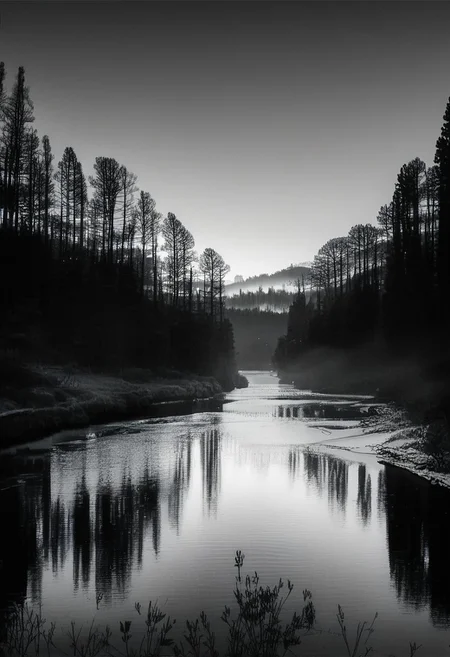(real life,  score_7_up, score_8_up, score_9_up, detailed beautiful landscape, bloom, volumetric lighting,  grayscale, no colors, forest, winter, valley, big mountain, clear sky, focus on sky, night, silhouette, river, depth of field,