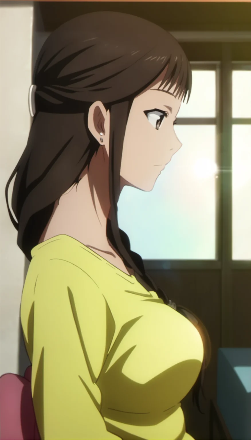 score_9,score_8_up,score_7_up,
<lora:MisatoSegawa:1>,
misato segawa,
1girl,solo,black hair,bangs,braid,brown eyes,earrings,yellow t-shirt,long sleeves,portrait,from side,
blurry background,bloom,lens flare,vignetting,indoors,