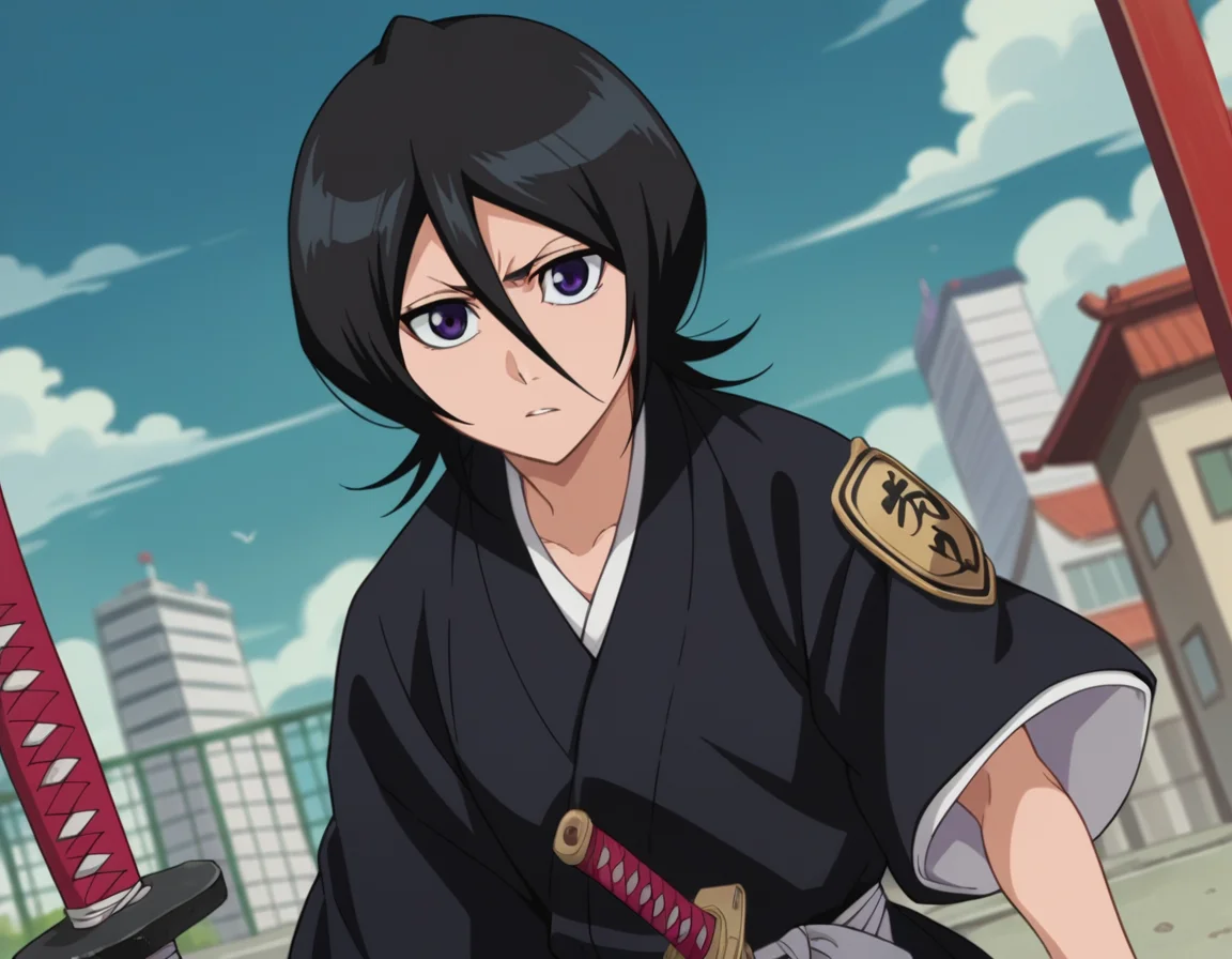 score_9, score_8_up, score_7_up, source_anime,
rukiakuchiki, <lora:rukia-kuchiki-ponyxl-lora-nochekaiser:1>,
rukia kuchiki, black hair, hair between eyes, purple eyes, short hair,
weapon, japanese clothes, sword, kimono, katana, sheath, hakama, black kimono, long sleeves, wide sleeves,
outdoors, cityscape, bent over,
looking at viewer, dutch angle, cowboy shot,