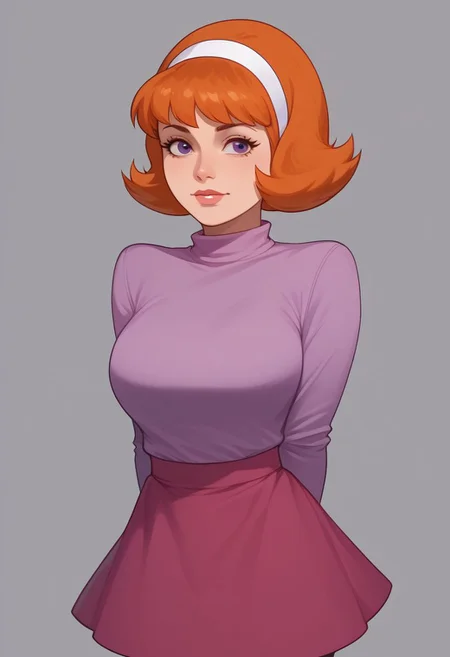 score_8, score_9, daphne, orange hair, short hair, hairband, skirt, 1girl, solo, adult woman, large breasts, pose, looking at viewer, hands behind back,Aunt Lydia