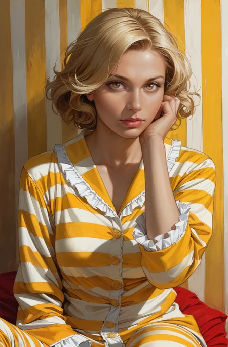 score_9, score_8_up, score_7_up, score_6_up, content_explicit, source_anime, high quality, high contrast, realistic,
1woman, striped background, abstract background, blue and yellow background, volumetric lighting, 70s,
BREAK
BREAK
1 woman, (silk pajamas (sheer:1.3)), fluffy sleeves, bored, blonde short hair, sexy pose, seductive, hand in hair, ruffle hair,
<lora:incase---1:0.3>