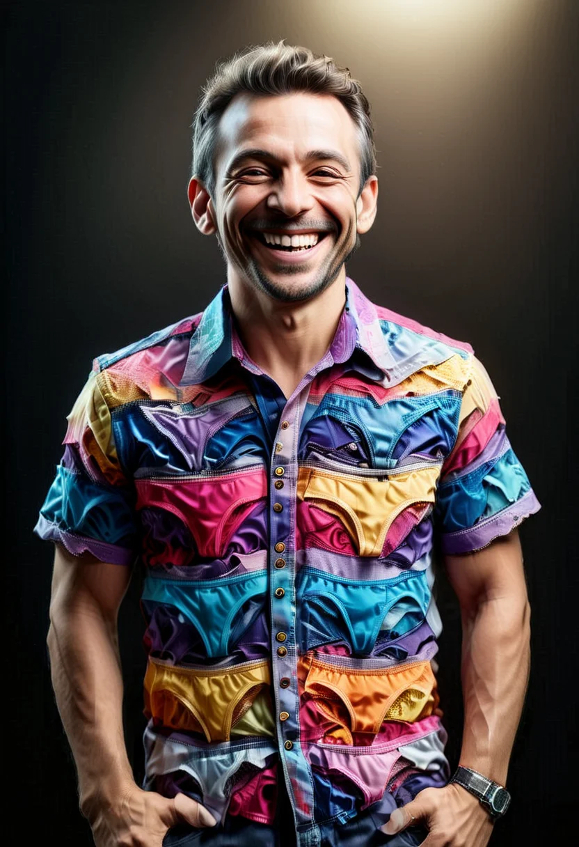 award winning, a man wearing a colorful shirt P4NT13S, smiling, enhanced textures, creative, beautiful, vibrant, masterpiece, 8k, Ultra HD, amazing details, amazing quality, amazing artist, sharp edges, detailed textures, full view, atmospheric lighting, amazing visuals