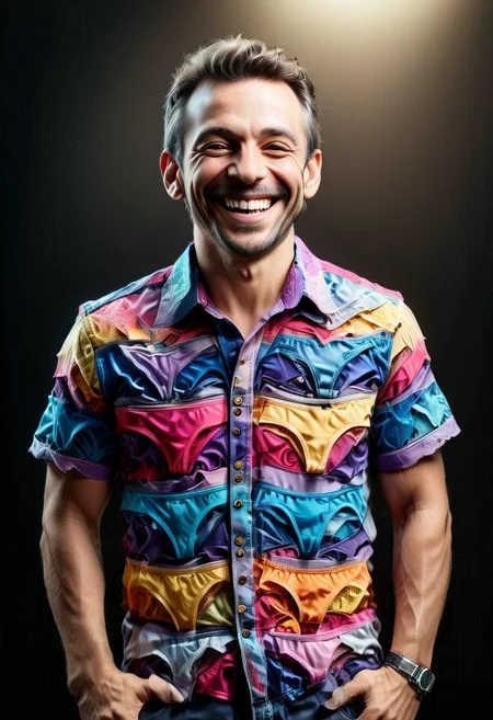 award winning, a man wearing a colorful shirt P4NT13S, smiling, enhanced textures, creative, beautiful, vibrant, masterpiece, 8k, Ultra HD, amazing details, amazing quality, amazing artist, sharp edges, detailed textures, full view, atmospheric lighting, amazing visuals