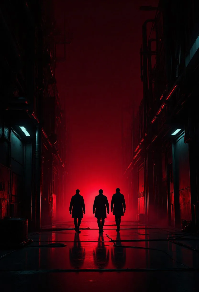 The scene is shrouded in deep shadows, creating an atmosphere of mystery and tension. The setting appears to be a dimly lit huge laboratory. The architecture is industrial and utilitarian, characterized by stark, angular lines and a sense of decay. Overhead pipes and cables crisscross the space, adding to the chaotic yet deliberate feel of the environment.
At the center of the frame, three figures walk away from the viewer, their back turned as they move deeper into the darkness. Their silhouette is faint but distinct, suggesting a purposeful stride. The persons are dressed in dark overcoats.
The ground beneath is made from white iluminating floor. The red light, emanating from what seems to be a glowing center where pipes meet, adds a sinister hue to the otherwise monochromatic palette.
The overall ambiance is one of quiet unease. The absence of sounds amplifies the solitude of the lone individual, while the interplay of light and shadow creates a sense of depth and intrigue. The scene feels both claustrophobic and expansive, as though the viewer is being drawn into a world where every corner holds hidden secrets. The composition invites contemplation, leaving one to wonder about the story behind this solitary journey through the heart of a shadowed cityscape.