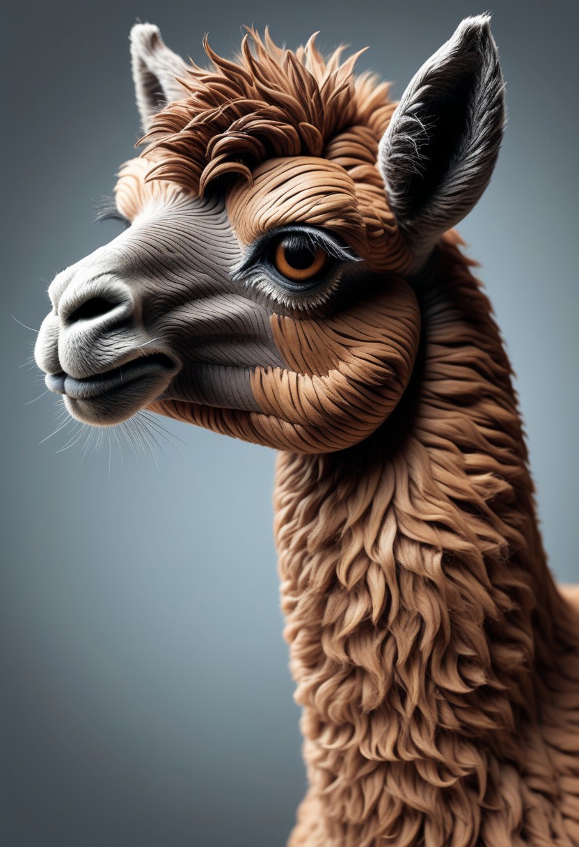 A cute alpaca made out of clay. capturing its expressive and somewhat melancholic demeanor. The alpaca's fur is very detailed, fluffy and strands of hair meticulously depicted, giving a sense of depth and volume. The fur is predominantly black and brown reminding of a lucky cat, creating a stark contrast against the white background. The alpaca's eyes are big, dark and soulful, gazing slightly off to the right. The overall tone of the image is somber, introspective and a bit sad. The artist's skillful use of shading and light gives the image a three-dimensional quality, making the alpaca's fur appear slightly rough, fluffy and the skin slightly wrinkled, very detailed, 4k, sharp, novuschroma51 style