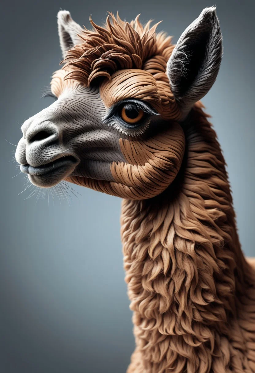 A cute alpaca made out of clay. capturing its expressive and somewhat melancholic demeanor. The alpaca's fur is very detailed, fluffy and strands of hair meticulously depicted, giving a sense of depth and volume. The fur is predominantly black and brown reminding of a lucky cat, creating a stark contrast against the white background. The alpaca's eyes are big, dark and soulful, gazing slightly off to the right. The overall tone of the image is somber, introspective and a bit sad. The artist's skillful use of shading and light gives the image a three-dimensional quality, making the alpaca's fur appear slightly rough, fluffy and the skin slightly wrinkled, very detailed, 4k, sharp, novuschroma51 style