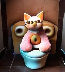 d0nu71f13d, a anime style image of a cat made of doughnuts, sitting on a toilet made of doughnuts, cinematic lighting, absurdres, donuts, vibrant colours, cat, toilet, flat colours, anime style,