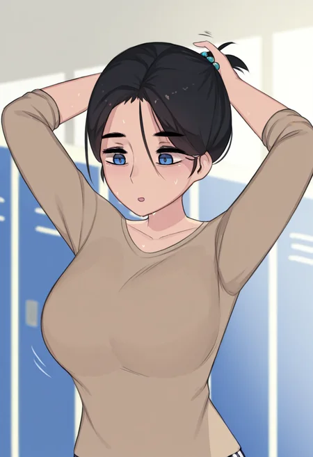 1girl, solo, akiyama yuko, blue eyes, black hair, short hair, brown shirt, long sleeves, 
tying hair up, arms raised, strands of hair slipping through fingers, focused expression, gym locker room background, beads of sweat on skin, warm indoor lighting, mid-range shot
<lora:Character_Akiyama Yuko:1>