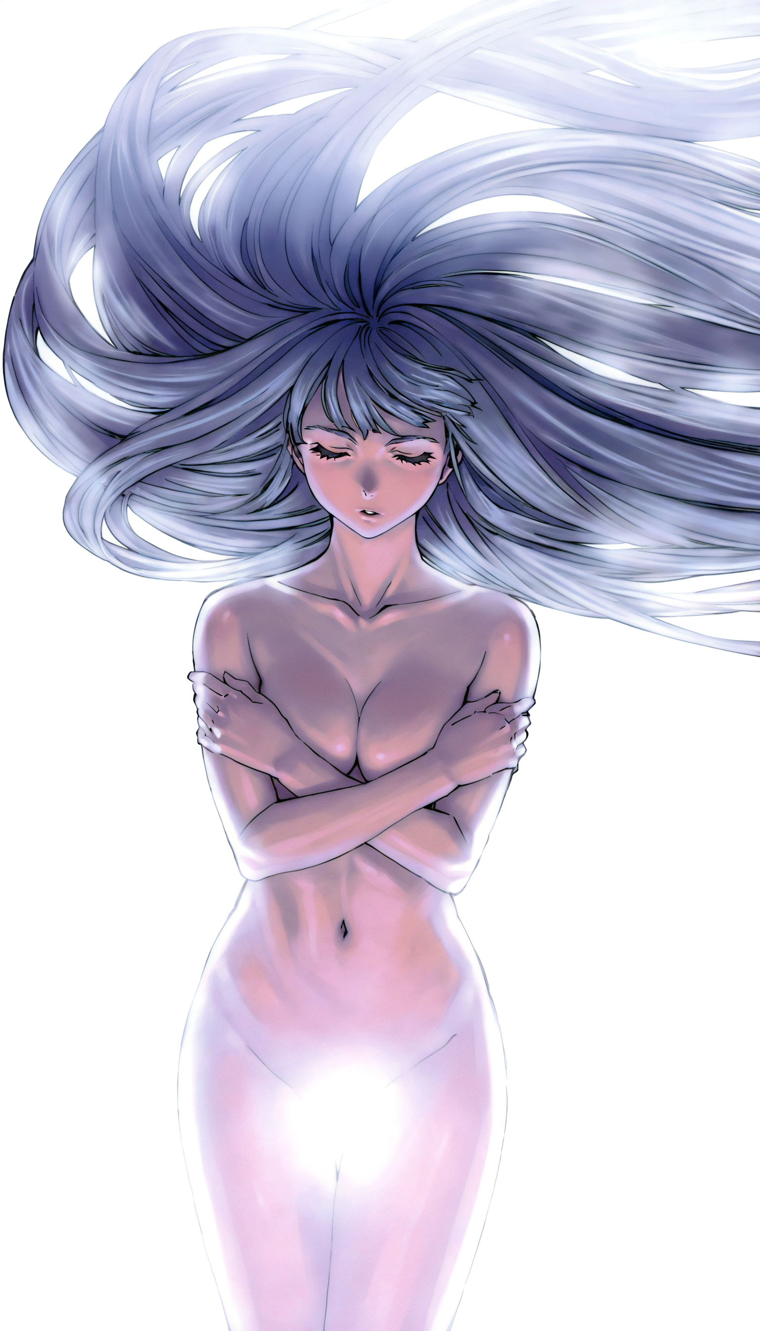 masterpiece,best quality,amazing quality,
<lora:lennethNAI:1>,l3nn3th,
silver hair,long hair,bangs,nude,censored,censored with bright lights,cowboy shot,closed eyes,parted lips,arms crossed on chest,flowing hair,white background,